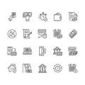 Finance, money loan flat line icons set. Quick credit approval, currency transaction no commission, cash deposit atm