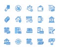 Finance, money loan flat line icons set. Quick credit approval, currency transaction, no commission, cash deposit atm