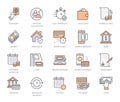 Finance, money loan flat line icons set. Quick credit approval, currency transaction, no commission, cash deposit atm