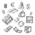 Finance, money set. Hand drawn finance vector sketch icons. Bank, payment, investment doodle Dollar Banknotes and Coins