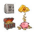 Finance, money set. Metal bank safe, gold bars, old treasure chest with gold coins, piggy bank with falling coins. Hand