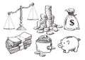 Finance, money set. Scales, stack of coins sack of dollars paper money wallet piggy bank Hand drawn vector sketch .