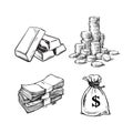 Finance, money set. Sketch of gold bars, stack of coins, paper money, sack of dollars . Black and white vector