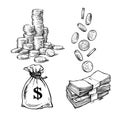 Finance, money set. Sketch of stack of coins, paper money, sack of dollars falling coins in different positions. Black Royalty Free Stock Photo