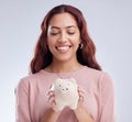 Finance, portrait or happy girl with a piggy bank for financial wealth or savings on white background. Smile, investment Royalty Free Stock Photo