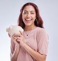 Finance, portrait or happy woman with a piggy bank for financial wealth or savings on white background. Smile Royalty Free Stock Photo