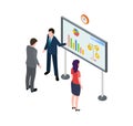 Finance presentation. Business information, isometric businessman and info banner. Investor looking startup, 3d woman Royalty Free Stock Photo