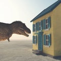 T rex in front of a house . Past due and unpaid bills warning concept