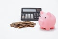 Finance Savings, save money for future investments and for emergency use concept. A pink piggybank, money and calculator Royalty Free Stock Photo