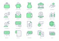 Finance savings simple line icons. Vector illustration with minimal icon - piggy bank, banknote bundle, wallet, investor