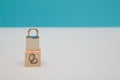 Finance security. Money safety. GDPR. Savings under guard. Encryption safeguard. Wooden cube, lock on top, coins sign