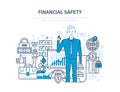 Finance security and payment safety, insurance, protection, purchases, money transfers.
