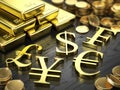 Finance, Stock exchange concept - Gold bars, coins and gold currency signs