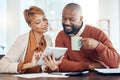 Finance, tablet and black couple doing online banking in home to check bank statement, account and payment. Budget Royalty Free Stock Photo