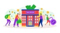 Finance tax, pay money in bank vector illustration. People man woman character make financial payment in building, heavy