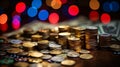 Finance themed bokeh background with coins, banknotes, and financial symbols in captivating colors