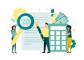 Finance. Vector audit illustration. Near the document, a woman stands with a magnifying glass in her hands, a man with a