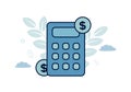 Finance. Vector illustration of accounting. Calculator, dollar coins on the sides, against the background of leaves
