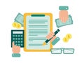 Finance. Vector illustration of accounting. On the tablet, a document on which a hand with a pen, next to a calculator, bills, Royalty Free Stock Photo