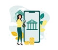 Finance. Vector illustration of accounting. A woman with a calculator and a money bag near a large smartphone, which Royalty Free Stock Photo