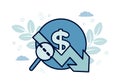 Finance. Vector illustration of econometrics. Dollar icon, arrow pointing down on it, magnifier, against the background of leaves