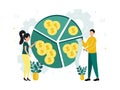 Finance. Vector illustration of econometrics. A woman makes calculations, a man writes them down next to a pie chart, in