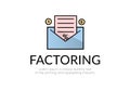 Finance. Vector illustration logo factoring. In the envelope there is a document with a percent sign, on the sides there is a