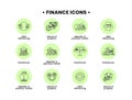 Finance. Vector illustration set of icons seizure of property, foreclosure, debt refinancing, deposits in precious