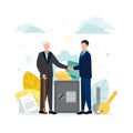 Finance. Vector illustration of trust, fiduciary services. An elderly man shakes hands with a man, next to them is a safe, money,