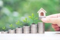 Finance,Woman hand holding model house with plant growing on stack of coins money on natural green background, Interest rates and Royalty Free Stock Photo