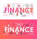 Finance word abstract thin line vector illustration, flat infographic webpage banner with financial analyzing symbols