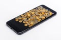 Finances in the phone, gold coins on the smartphone screen. Generative ai