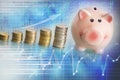 Financial abstract blue background with graphs and charts, money ladder and piggy bank