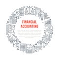 Financial accounting circle poster with flat line icons. Bookkeeping brochure concept, tax optimization, loan, payroll