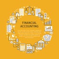 Financial accounting circle poster with flat line icons. Bookkeeping brochure concept, tax optimization, loan, payroll