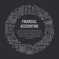 Financial accounting circle poster with flat line icons. Bookkeeping brochure concept, tax optimization, loan, payroll