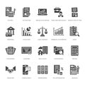 Financial accounting flat glyph icons. Bookkeeping, tax optimization, firm, accountant outsourcing, payroll, real estate