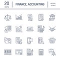 Financial accounting flat line icons. Bookkeeping tax optimization, firm dissolution, accountant outsourcing, payroll