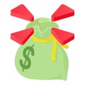 Financial accumulation icon isometric vector. Big closed money bag and red arrow