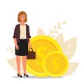 Financial advisor. Businesswoman is standing near coins, business finance concept, flat vector illustration