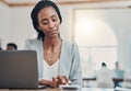 Financial advisor, corporate accountant and african woman in office. Budget planning, online bookkeeping report and 5g Royalty Free Stock Photo