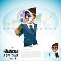 Financial advisor with magnifier and profit graph -