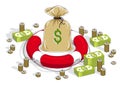 Financial aid concept, Life buoy lifebelt with big money bag and