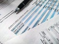 Financial analysis, accounting spreadsheet with pen. Close up concept for stock Royalty Free Stock Photo