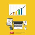 Financial Analysis business, financial statistic and management concept. Workplace desk top view with grow up chart bar document,