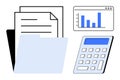 Financial Analysis Documents, File Folder, Calculator, and Bar Chart for Data Management and Reporting Royalty Free Stock Photo