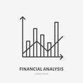 Financial analysis flat logo, column chart and line graph icon. Data visualization vector illustration. Sign for