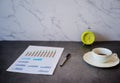 Financial analysis in white paper and clock, coffee cup on working desk