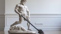 Financial Analyst Cleans Carpet With Neoclassical Marble Man Statue