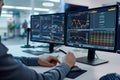 Modern Office with Financial Analyst Utilizing AI-Enhanced Financial Analysis on Multiple Monitors for Market Predictions